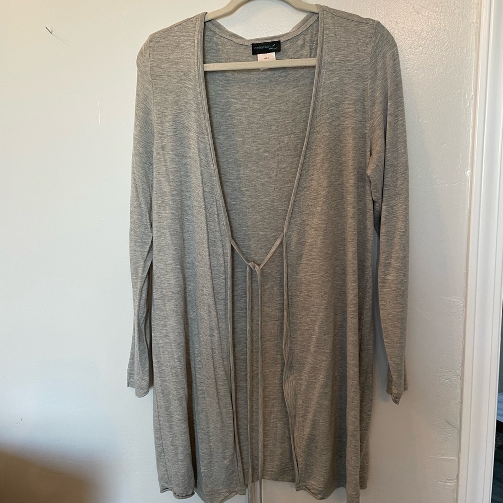 Grey Jersey knit sweater with ties. Soft, stretchy and stylish.